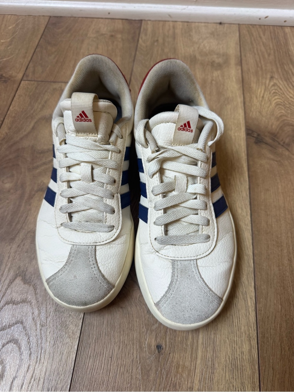 adidas Women’s off white Sneakers with Navy Stripes and Red Logo
